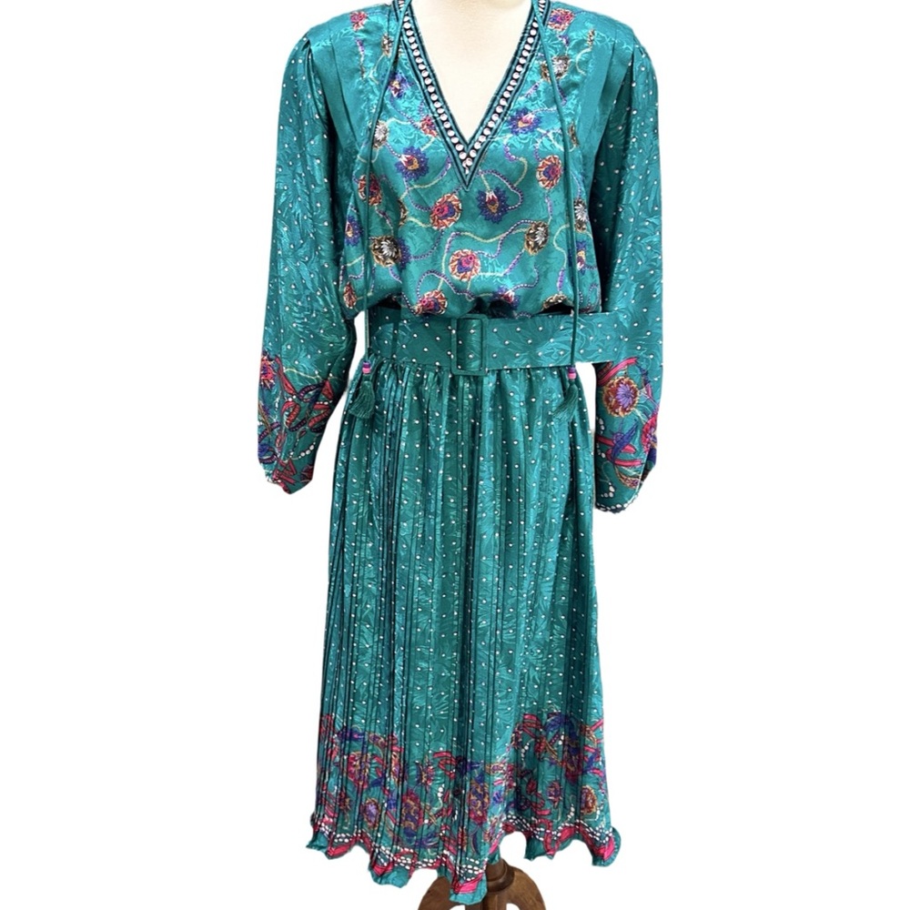 Diane Freis Vintage 80s Teal Floral Print Silky V Neck Dress Peasant Belted